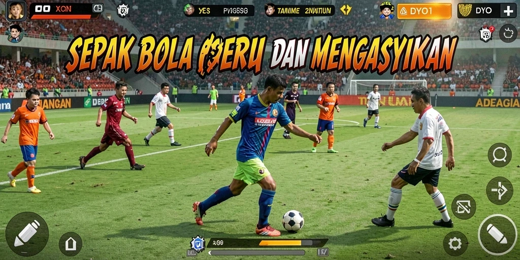 Screenshot gameplay DYO1 dengan aksi pertandingan sepak bola yang mendebarkan.