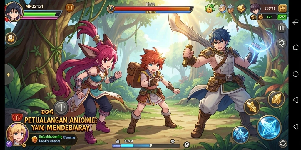 Tangkapan layar MPO2121 menampilkan karakter anime dalam aksi pertarungan yang seru.