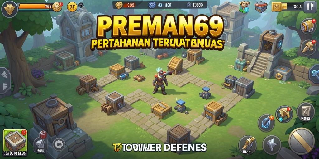 Screenshot gameplay PREMAN69 menampilkan peperangan tower yang mendebarkan.