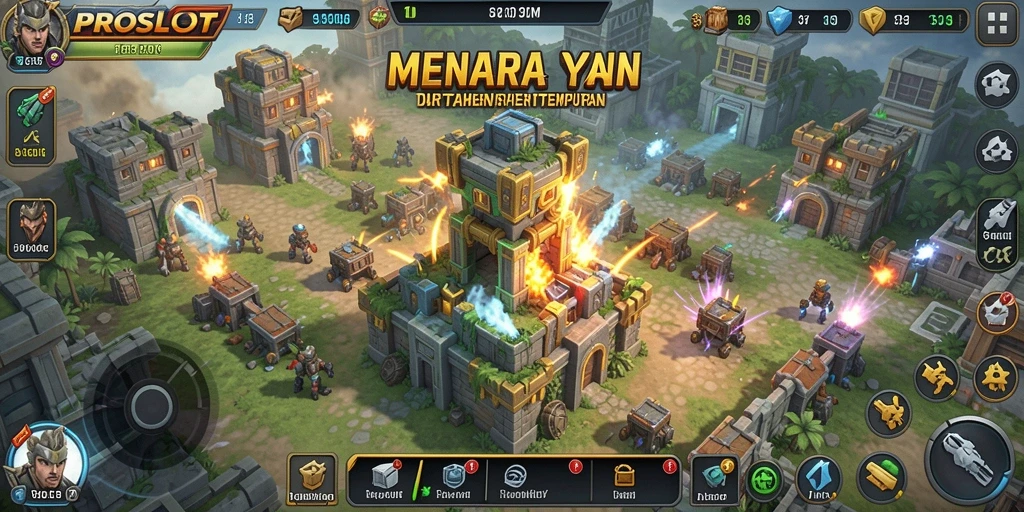 Tampilan layar gameplay PROSLOT dengan menara menawan dan musuh mendekat.