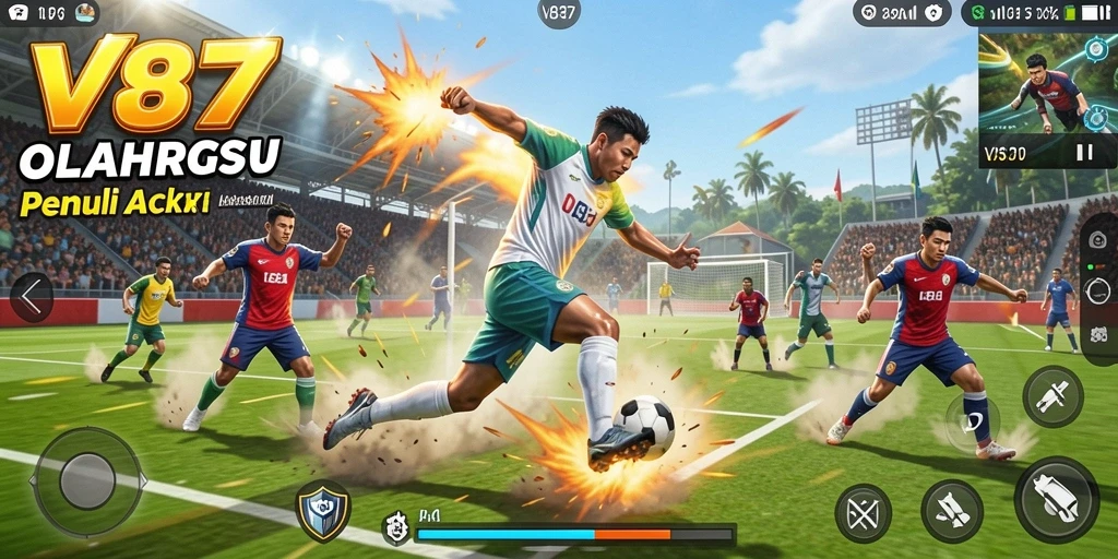 Screenshot V87 menampilkan pertarungan seru antar pemain di lapangan olahraga.